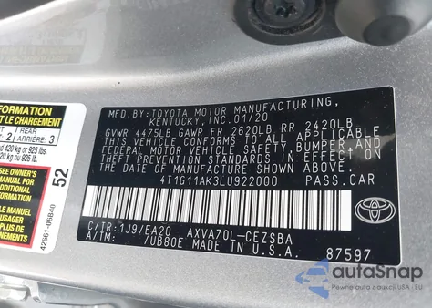 2020 Toyota Camry Se from USA, damaged, VIN 4T1G11AK3LU922000